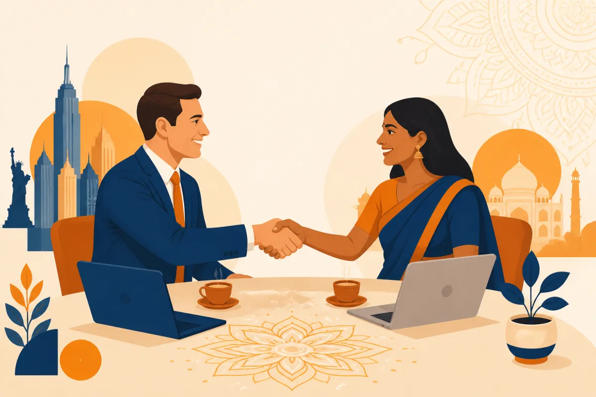 A handshake over chai and laptops blending US and Indian business culture
