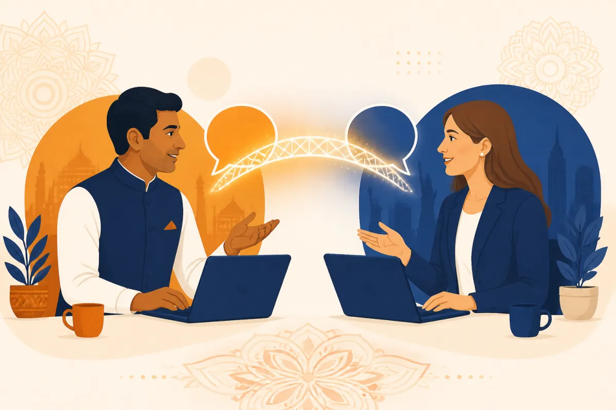 An Indian and an American professional connecting over a bridge of speech bubbles