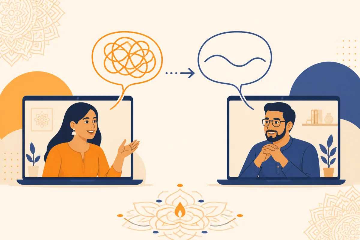 Two people on a video call with a tangled then untangled conversation line