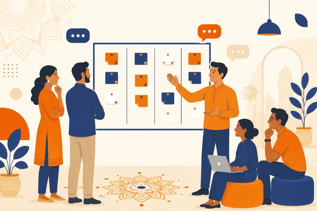A daily standup with a kanban board and chat bubbles