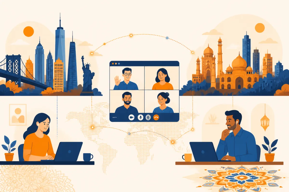 A distributed US and India software team connected by a video call